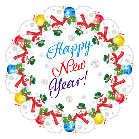 Winter holiday label with snowman and greeting text: "Happy New Year!". Christmas design element. Vector clip art.のイラスト素材