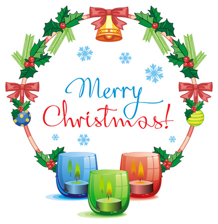 Christmas garland, lighted candle and holiday greeting text "Merry Christmas!". Vector clip art.のイラスト素材