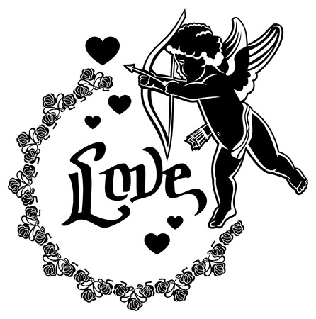 Cupid with bow hunting for hearts. Black and white label with Cupid, roses, hearts and single word "Love!".  Vector clip art.のイラスト素材