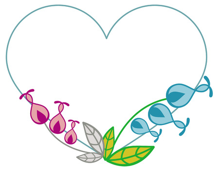 Heart-shaped frame with decorative flowers. Design element for advertisements, flyer, web, wedding, invitations and greeting cards. Vector clip art.のイラスト素材
