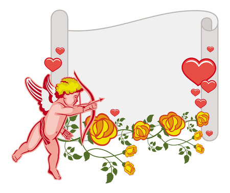 Paper scroll with Cupid, roses and hearts. Cupid with bow hunting for hearts. Design element for greeting cards and presents. Vector clip art.のイラスト素材