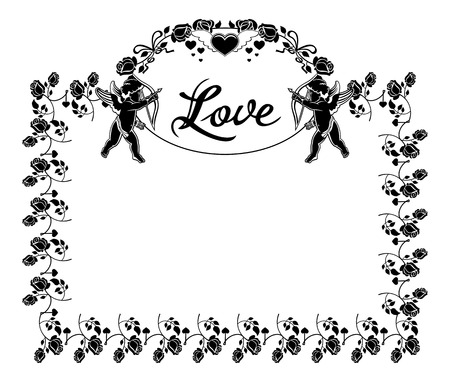 Cupid with bow hunting for hearts. Black and white frame with silhouettes of Cupid, roses and hearts. Design element for greeting card. Vector clip art.のイラスト素材