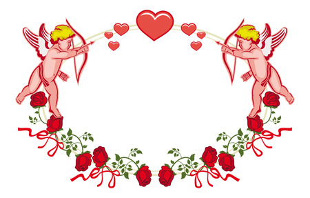 Oval label with Cupid, roses and hearts. Cupid with bow hunting for hearts. Design element for greeting cards and presents. Vector clip art.のイラスト素材