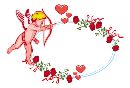 Oval label with Cupid, roses and hearts. Cupid with bow hunting for hearts. Design element for greeting cards and presents. Vector clip art.のイラスト素材