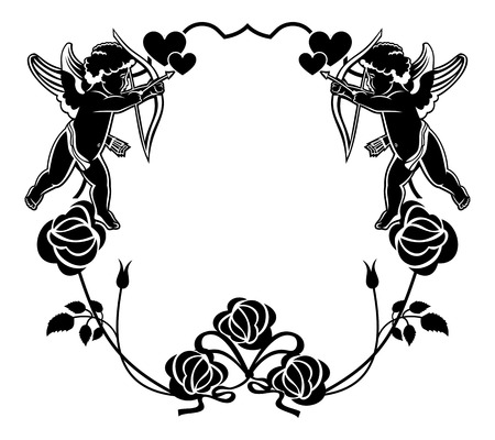 Cupid with bow hunting for hearts. Black and white frame with silhouettes of Cupid, roses and hearts. Design element for greeting card. Vector clip art.のイラスト素材