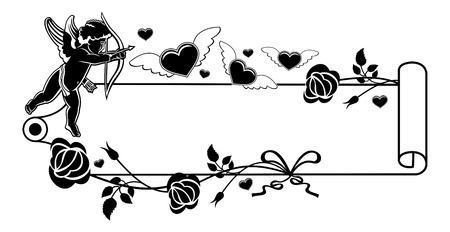 Cupid with bow hunting for hearts. Black and white frame with silhouettes of Cupid, roses and hearts. Design element for greeting card. Vector clip art.のイラスト素材