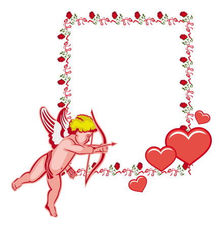 Elegant frame with Cupid, roses and hearts. Cupid with bow hunting for hearts. Design element for greeting cards and presents. Vector clip art.のイラスト素材