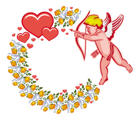 Elegant round frame with Cupid, yellow roses and hearts. Cupid with bow hunting for hearts. Design element for greeting cards and presents. Vector clip art.のイラスト素材