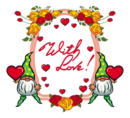 Oval label with roses, cute gnome holding heart and artistic written text "With love!". Vector clip art.のイラスト素材