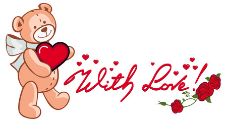 Artistic written text "With love!" and cute teddy bear holding red heart. Vector clip art.のイラスト素材