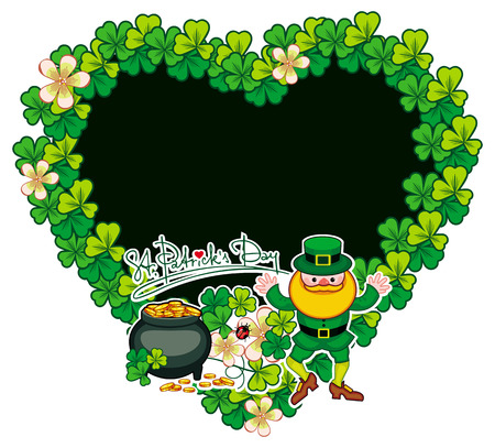 Funny heart-shaped frame with shamrock and leprechaun. St. Patrick Day background. Copy space. Vector clip art.のイラスト素材