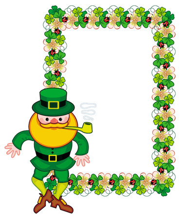 Frame with shamrock, leprechaun and a pot of gold. St. Patrick Day background. Copy space. Vector clip art.のイラスト素材