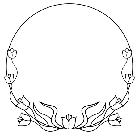 Elegant round frame with contours of flowers. Copy space. Vector clip art.のイラスト素材