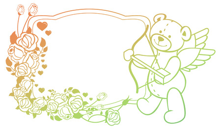 Gradient color label with outline roses and teddy bear with bow and wings, looks like a Cupid. Copy...