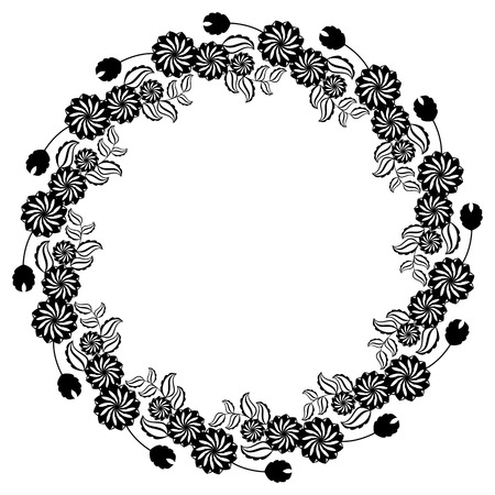 Silhouette round frame. Abstract black and white ornament with decorative flowers. Copy space. Vector clip art.のイラスト素材