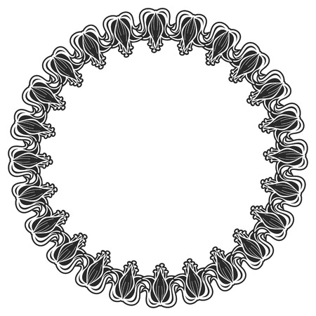 Black and white round frame with floral silhouettes. Copy space. Vector clip art.のイラスト素材