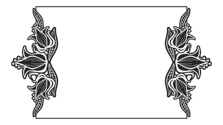 Black and white abstract horizontal frame with decorative flowers. Copy space. Vector clip art.のイラスト素材
