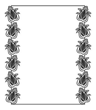 Black and white abstract vertical frame with decorative flowers. Copy space. Vector clip art.のイラスト素材