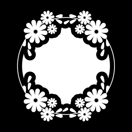 Black and white silhouette round frame with decorative flowers. Vector clip artのイラスト素材