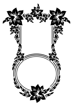 Black and white silhouette round frame with decorative flowers. Vector clip artのイラスト素材
