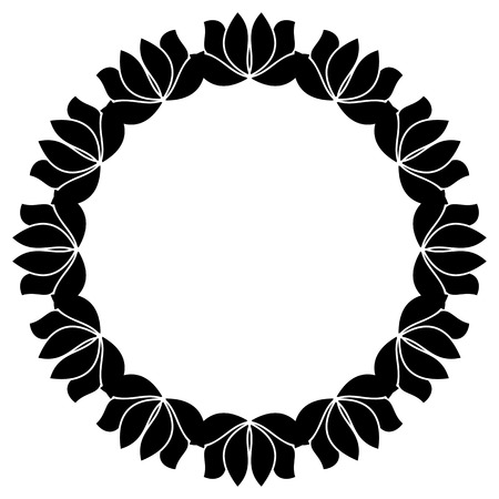 Black and white silhouette round frame with decorative flowers.のイラスト素材