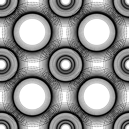 Monochrome geometric pattern with circles and dots. Modern stylish halftone texture. Seamless background. Black and white vector clip art.のイラスト素材