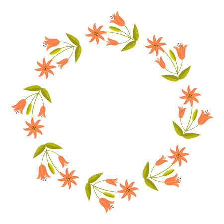 Round decorative frame with abstract orange flowers. Vector clip art.のイラスト素材
