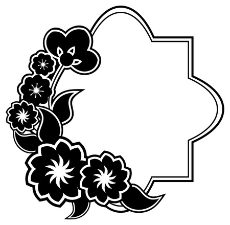 Black and white silhouette frame with decorative flowers. Vector clip art.のイラスト素材