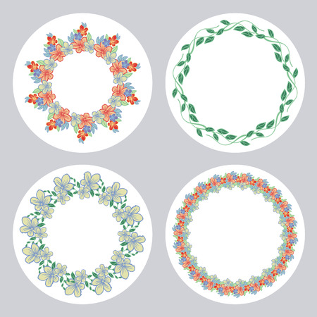 Set of round frame with flowers. Design element for banners, labels, prints, posters, web, presentation, invitations, weddings, greeting cards, albums.  Vector clip art.のイラスト素材