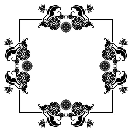 Black and white square frame with flowers. Copy space. Design element for your artwork. Vector clip art.のイラスト素材
