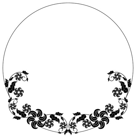 Black and white silhouette round frame with decorative flowers. Vector clip art.のイラスト素材