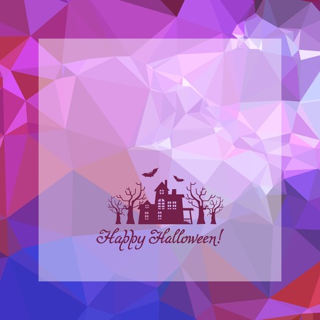 Mosaic backdrop with transparent square, house, bats silhouettes and "Happy Halloween!" text. Holiday halloween background for greetings cards, banners, layouts. Copy space. Vector clip art.のイラスト素材