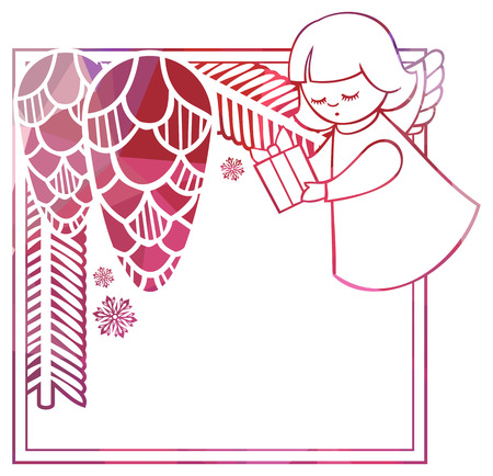 Christmas square sparkling frame with cute angels. Copy space. Christmas holiday background.のイラスト素材