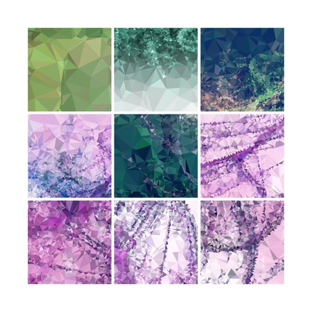 Set of low poly mosaic backgrounds. Template design, list, front page, brochure layout, banner, idea, cover, print, flyer, book, blank, card, sheet. Copy space. Vector clip art.のイラスト素材