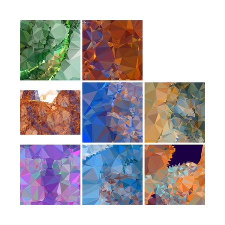 Set of low poly mosaic backgrounds. Template design, list, front page, brochure layout, banner, idea, cover, print, flyer, book, blank, card, sheet. Copy space. Vector clip art.のイラスト素材