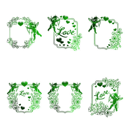 Set of stickers with silhouette of Cupid and heartsのイラスト素材