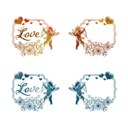 Set of frames or stickers with Cupid and heartsのイラスト素材