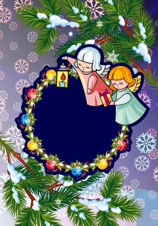 Christmas holiday card with pine branches, sweet little angels and round wreath.のイラスト素材