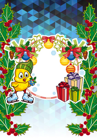 Winter holiday card with pine branches, cute chicken and free space for your greeting Christmas text. Vector clip art.のイラスト素材