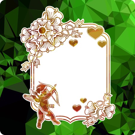 Colorful label with silhouettes of Cupid with bow, hearts and flowers. Copy space. Beautiful background for your artwork. Vector clip art.のイラスト素材