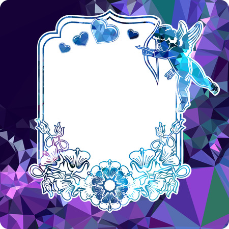 Colorful label with silhouettes of cupid with bow, hearts and flowers. Copy space. Beautiful background for your artwork. Vector clip art.のイラスト素材