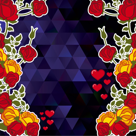 Abstract mosaic background with decorative roses and hearts. The layout for greeting cards, Valentine Day cards, labels, tags, banners, flyers, ads. Copy space. Vector clip art.のイラスト素材