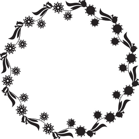 Black and white round frame with floral silhouettesのイラスト素材