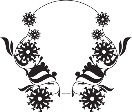 Black and white round frame with floral silhouettes. Copy space. Vector clip art.のイラスト素材