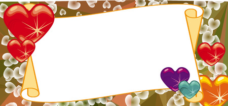 Horizontal banner with color background, blank paper scroll and sparkling hearts. Copy space. Vector clip art.のイラスト素材