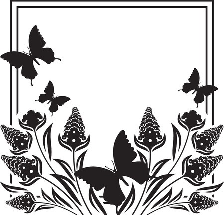 Fllower frame with butterflies silhouettes. Copy space. Vector clip art.のイラスト素材