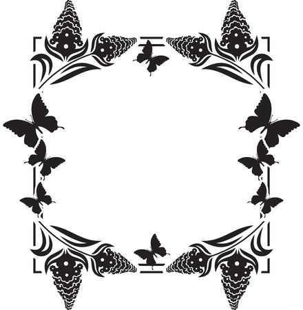 Fllower frame with butterflies silhouettes. Copy space. Vector clip art.のイラスト素材