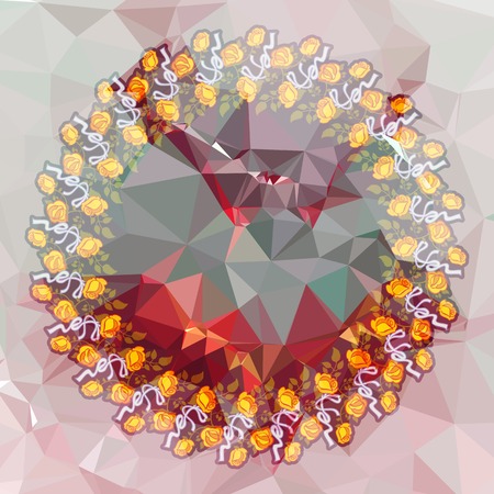 Round flower frame on a square mosaic background. Copy space. Wreath of flowers. Vector clip art.のイラスト素材