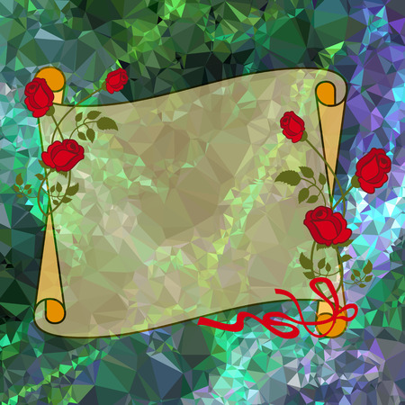 Paper scroll with red roses on a square mosaic background. Copy space. Vector clip art.のイラスト素材