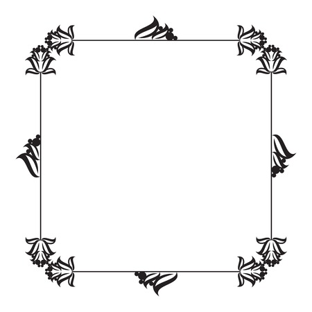 Black and white round frame with abstract flower silhouettes. Copy space. Vector clip art.のイラスト素材